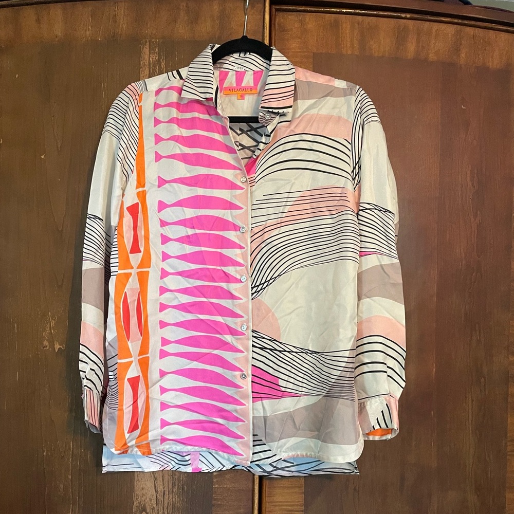 Vilagallo silk blouse button up with silver buttons size 38 EU or appx 6-8 US